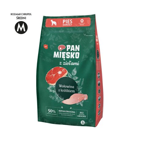 PAN MIĘSKO KARMA SUCHA Z ZIOŁAMI PIES WOŁOWINA Z KRÓLIKIEM M 3KG